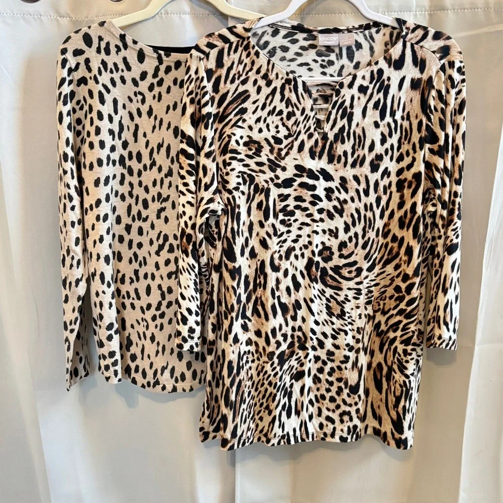 2 Chicos Womens Sweater Large Leopard Animal Print Bundle Classic Mob Wife 20115 - Picture 1 of 13